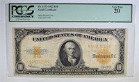 1922 $10 GOLD CERTIFICATE PCGS 20 VF