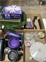 4 Boxes of Christmas Decor, Glassware, Poker Set