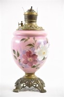 Kerosene Pink Glass & Brass Hand Painted Lamp