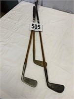 3 antique wood shafft golf clubs