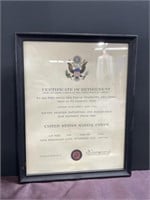 1968 Marines Corp retirement certificate framed