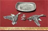 2 pewter ducks, bread tray and salt & pepper