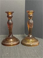 Pair Amber Glass (Indiana Glass?) Candlestick