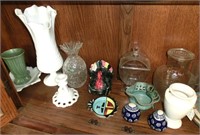Shelf lot pottery, milk glass, Manhattan water