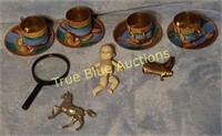 (4) Teacups, (4) Saucers, Babydoll, Magnifying Gla