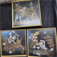 3 Thai Paintings on Silk , framed, measures