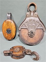 3 ANTIQUE WOODEN BLOCK PULLEYS