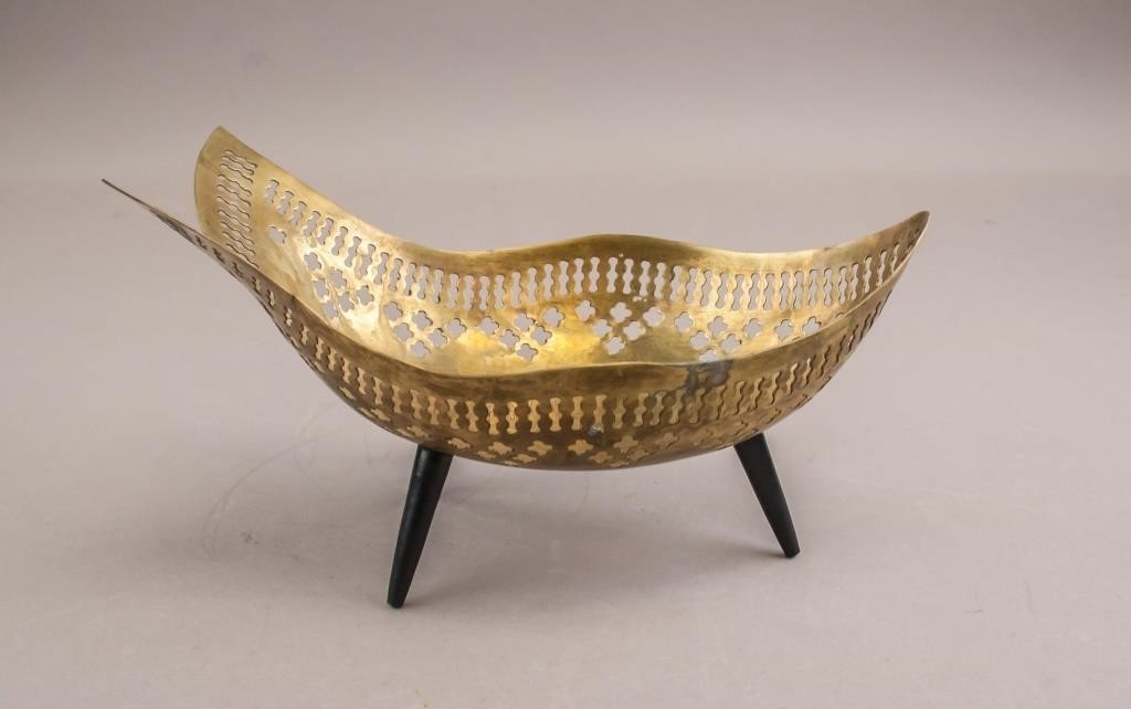 Openwork Brass Bowl with Wooden Legs