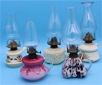 5 VICTORIAN ART GLASS FINGER LAMPS, END OF DAY,