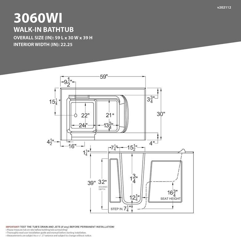 ANZZI Walk In Tub 60'' x 30'' Left Drain, Whirlpoo