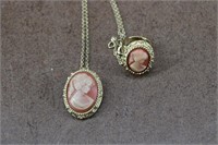 Vtg Sarah Coventry Cameo Necklace & Adjust Ring