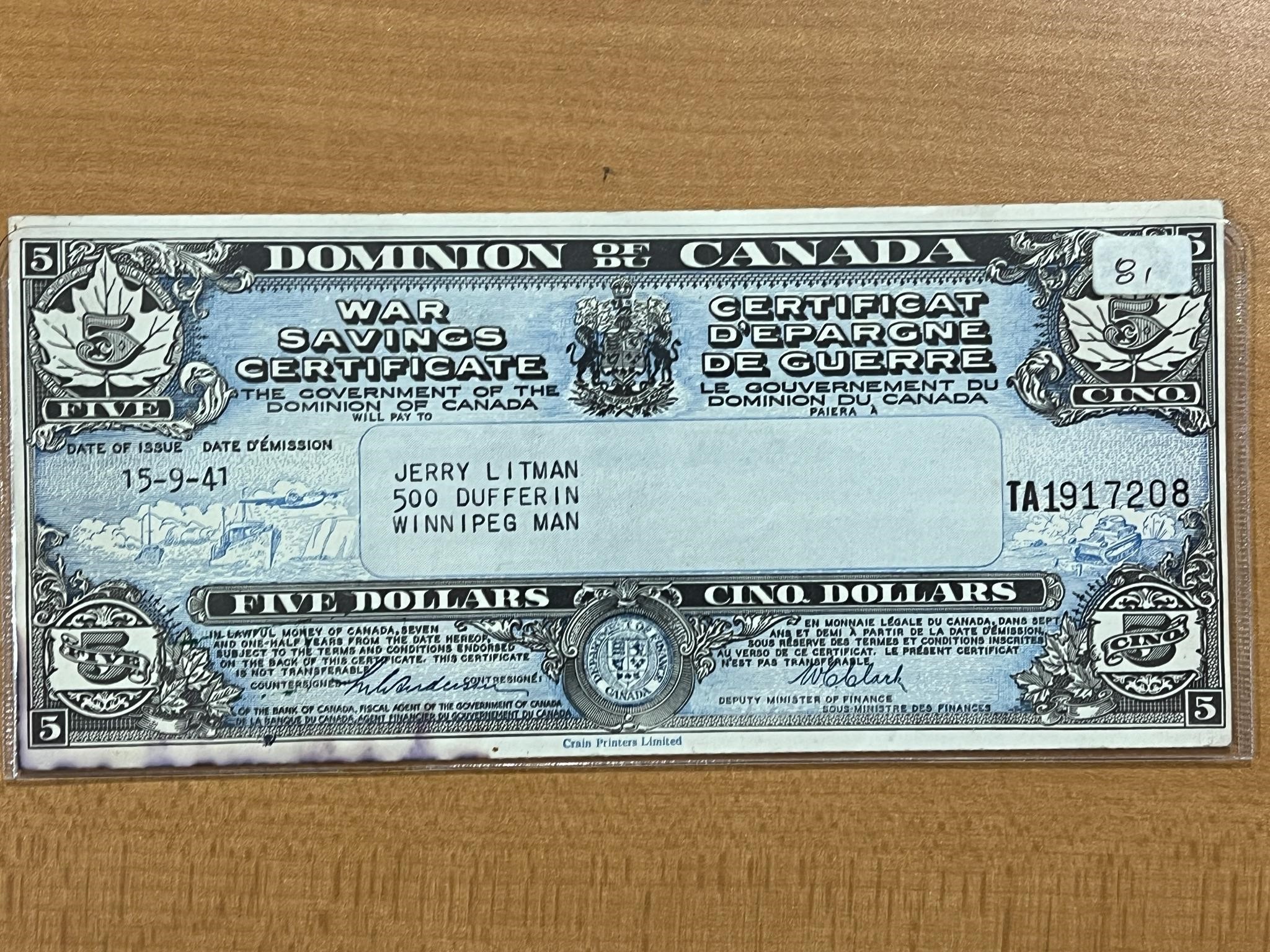 1941 Dom of Can $5 War Savings Certificate
