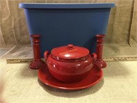 Tote , red candlesticks, plate, bean pot