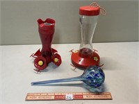 LOT OF HUMMING BIRD FEEDERS AND WATERING BULB