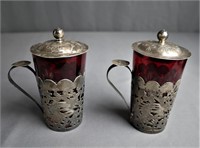 Silver & Cut Ruby Glass Oriental Chinese Cups/ Mug