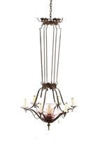Continental Wrought Iron & Purple Glass Chandelier