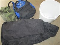 three bags, backpack in bucket
