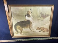Dog howling and lamb framed art