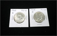 2- Kennedy half dollars, MS-63: 1968-D, 1969-D