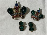 Antique Trifari Sterling Crown Brooch & Earrings