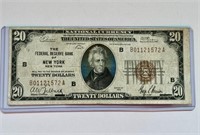 RARE 1929 US NATIONAL CURRENCY $20 NEW YORK BILL