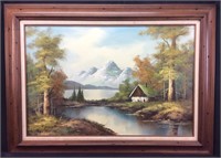 LARGE VTG. OIL PAINTING ON CANVAS, CABIN ON THE