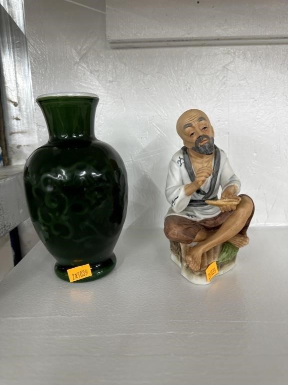 Porcelain Asian figure and green vase