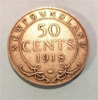 1918 NEWFOUNDLAND CANADA SILVER 50 CENTS