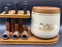 VTG Wooden 6 Tobacco Pipe Stand & DECO Jar
