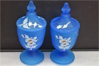 2 Westmoreland Blue Mist Daisy Lidded Compotes