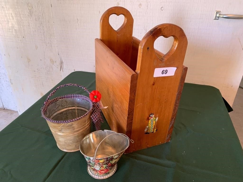 Wooden Box & (2) Small Pails