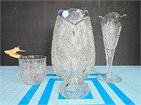 Vtg cut glass vases and cruet possibly crystal