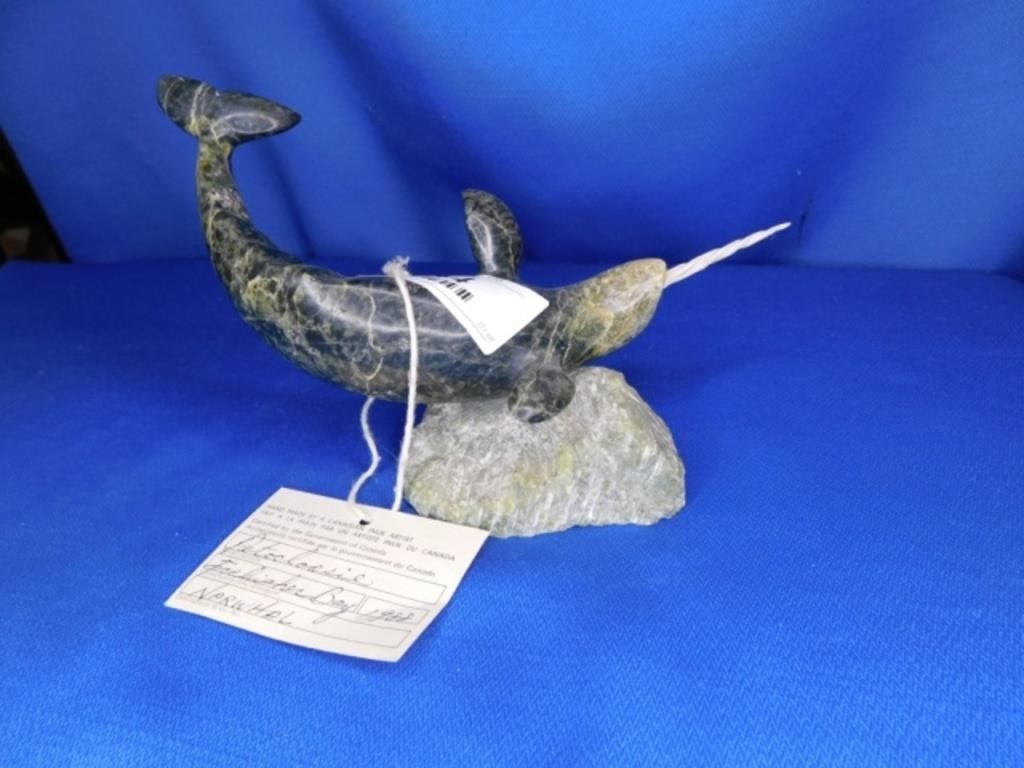 Inuit Soapstone Carving - 8" Narwhal by