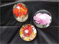 Vintage 3 piece Paperweights, pink rose, red