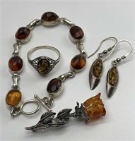 925 Silver Amber Bracelet, Earrings, Brooch, Ring