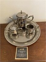 Silver Plate Small Tray, Tea Pot, Milk, Sugar