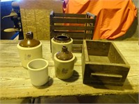 Stoneware Jugs, Wooden Crate, Drawer, Etc.