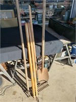 Shovel, handles & rake. Rake is bent & needs new