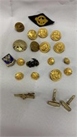 Military buttons and pins and Misc pins/earrings