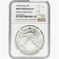 1992 Silver Eagle NGC MS69 OBV Struck Thru Mint