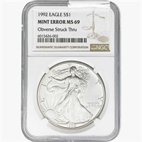 1992 Silver Eagle NGC MS69 OBV Struck Thru Mint