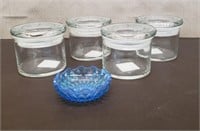 Lot of 4 Glass Canisters & Blue Bowl