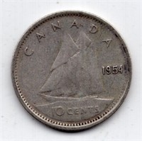 1954 Canada 10 Cent Silver Coin
