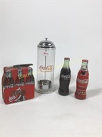 Coca Cola straw dispenser, bottles (2), tin