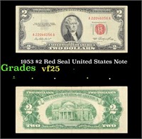 1953 $2 Red Seal United States Note Grades vf+