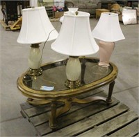 Glass Top Oak Coffee Table & Assorted Lamps