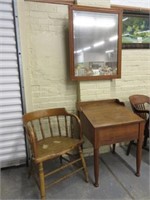 Oak Barrel Back Chair, Lift Lid Desk & Mirror w/