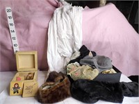 Vtg Fur Collars, Doll Dresses & Craft Stamps/Box