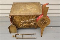 LARGE Embossed Brass Fireplace Trunk & Utensils