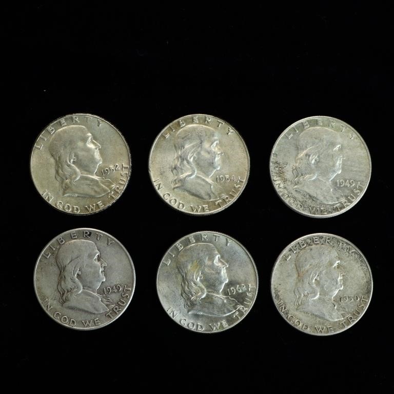 Lot of Six 90% Silver Ben Franklin Half Dollars
